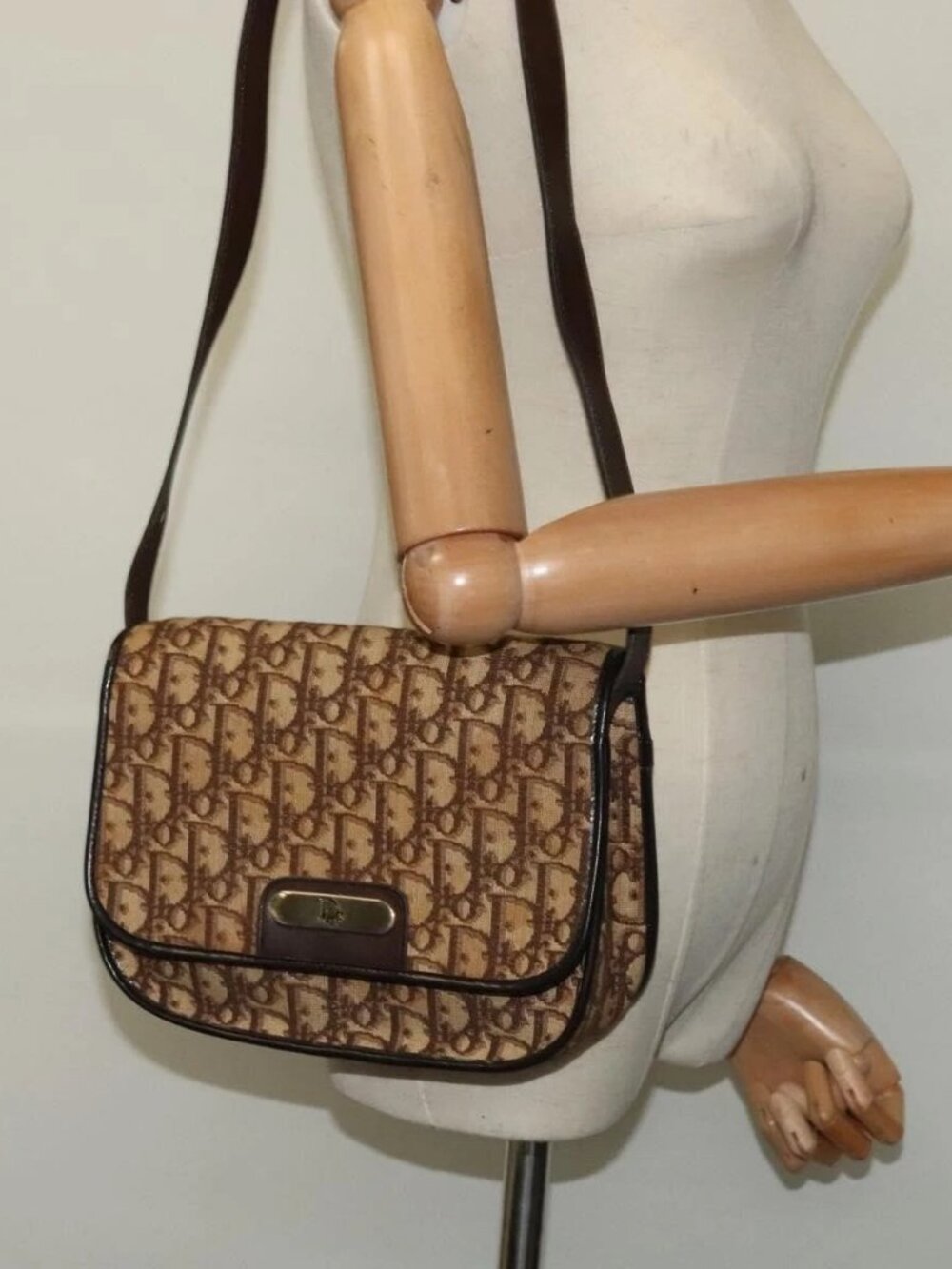 Christian Dior Trotter Canvas Shoulder Bag Brown Gold